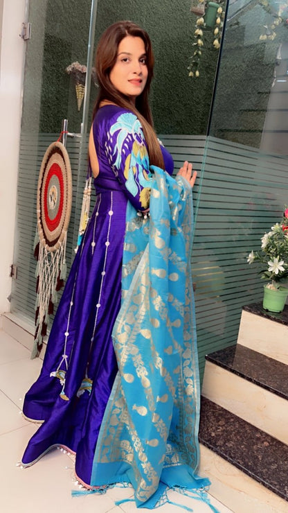 Heavily Embroidered Purple Anarkali with Contrasting Banarasi Dupatta - Kirti Kapoor Couture