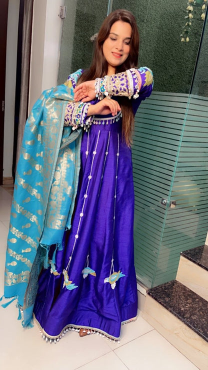 Heavily Embroidered Purple Anarkali with Contrasting Banarasi Dupatta - Kirti Kapoor Couture