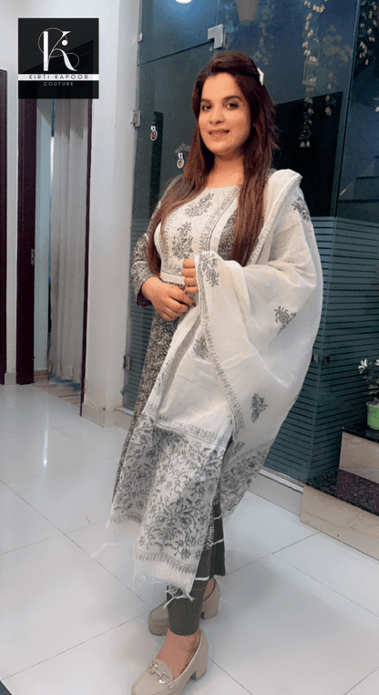 Henna Coloured Cotton Suit with Cream Highlights - Kirti Kapoor Couture