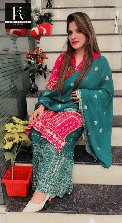 Hot - pink and Peacock Green Embroidered Suit - Kirti Kapoor Couture