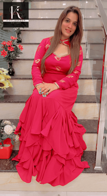 Hot Pink Drape Dress With Embroidered Blouse - Kirti Kapoor Couture