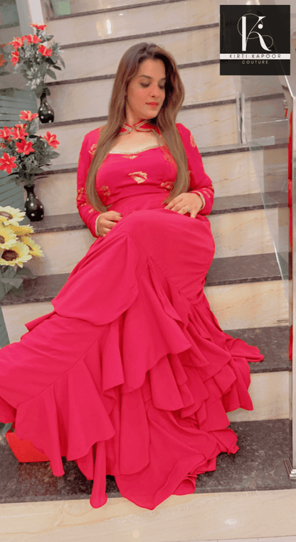 Hot Pink Drape Dress With Embroidered Blouse - Kirti Kapoor Couture