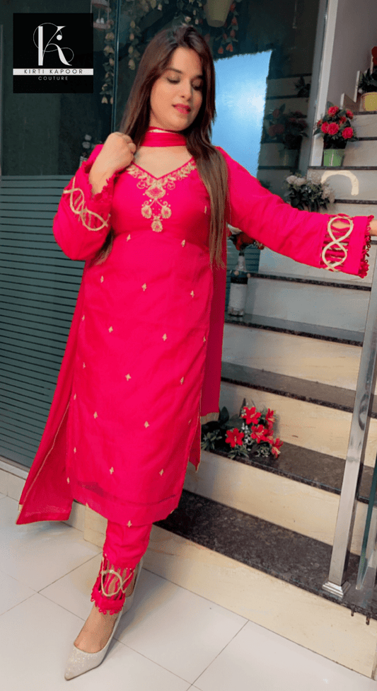 Hot - Pink Hand - Embroidered Organza Suit - Kirti Kapoor Couture