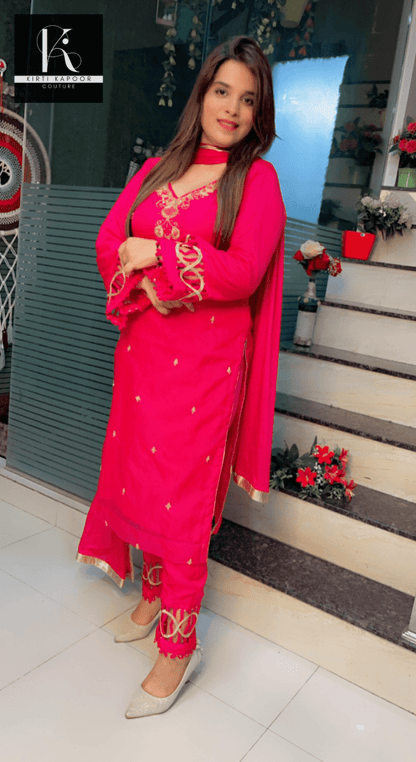 Hot - Pink Hand - Embroidered Organza Suit - Kirti Kapoor Couture