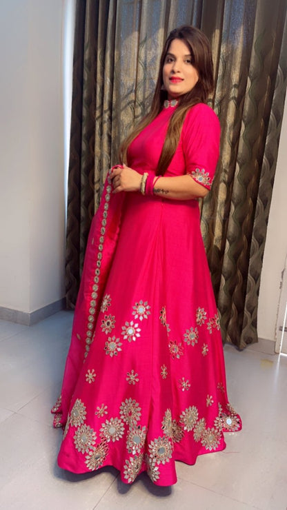 Hot - Pink Mirror Worked Lehenga with Heavy Dupatta - Kirti Kapoor Couture