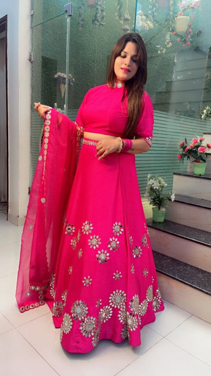 Hot - Pink Mirror Worked Lehenga with Heavy Dupatta - Kirti Kapoor Couture