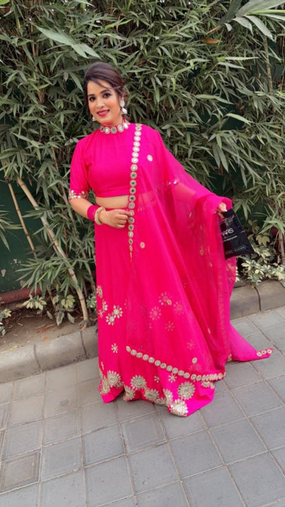 Hot - Pink Mirror Worked Lehenga with Heavy Dupatta - Kirti Kapoor Couture