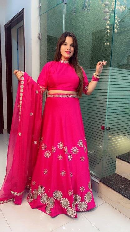 Hot - Pink Mirror Worked Lehenga with Heavy Dupatta - Kirti Kapoor Couture