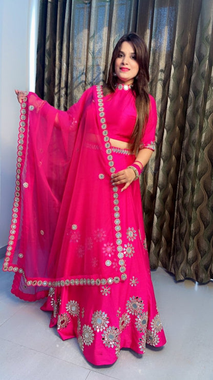 Hot - Pink Mirror Worked Lehenga with Heavy Dupatta - Kirti Kapoor Couture