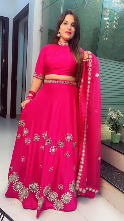 Hot - Pink Mirror Worked Lehenga with Heavy Dupatta - Kirti Kapoor Couture