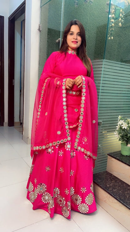 Hot - Pink Mirror Worked Lehenga with Heavy Dupatta - Kirti Kapoor Couture