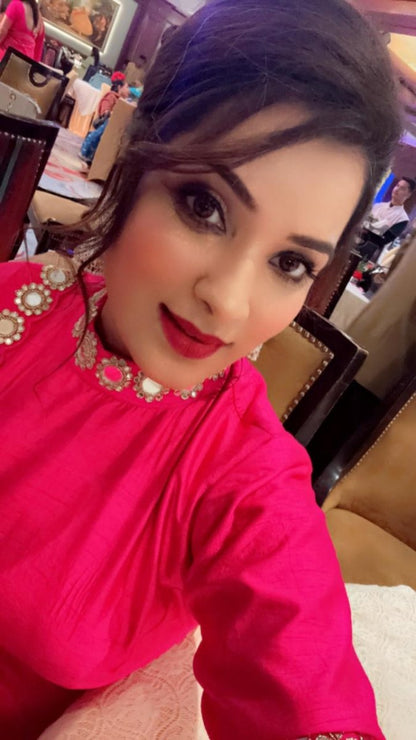 Hot - Pink Mirror Worked Lehenga with Heavy Dupatta - Kirti Kapoor Couture