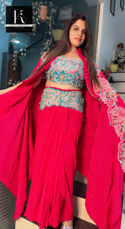 Hot - Pink Three - Piece Embroidered Dress - Kirti Kapoor Couture