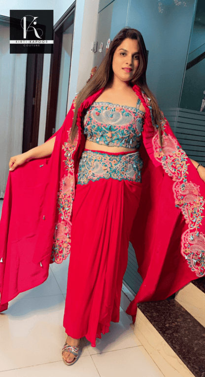Hot - Pink Three - Piece Embroidered Dress - Kirti Kapoor Couture