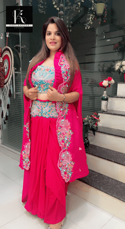 Hot - Pink Three - Piece Embroidered Dress - Kirti Kapoor Couture