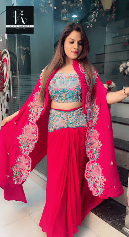 Hot - Pink Three - Piece Embroidered Dress - Kirti Kapoor Couture