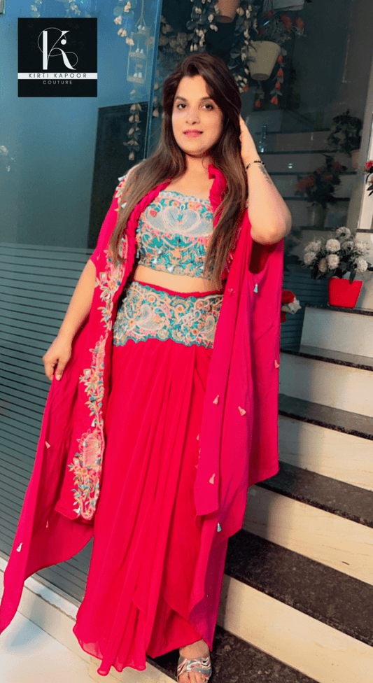 Hot - Pink Three - Piece Embroidered Dress - Kirti Kapoor Couture