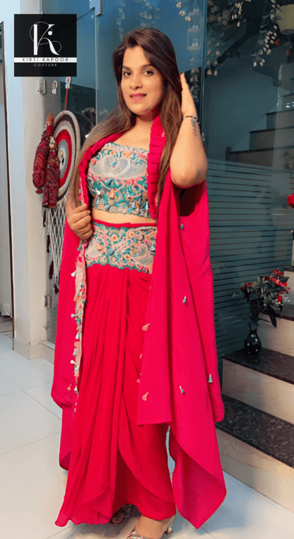Hot - Pink Three - Piece Embroidered Dress - Kirti Kapoor Couture