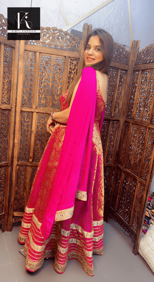 Hot Pink Worked Brocade Silk Anarkali (Heavy Border) - Kirti Kapoor Couture