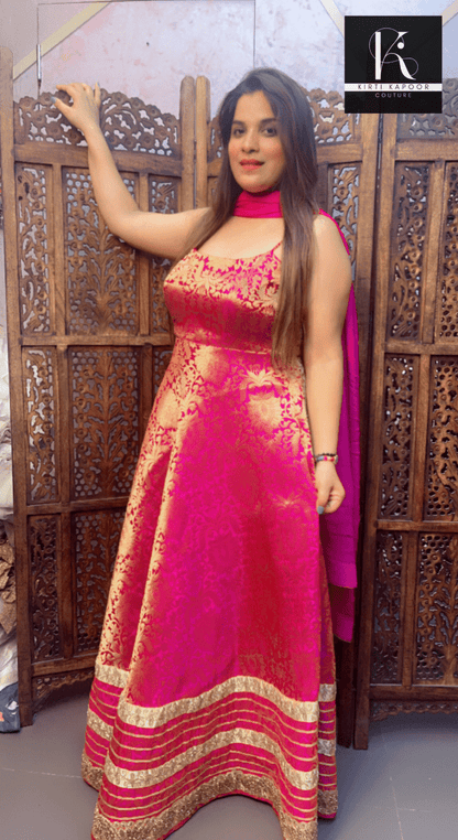 Hot Pink Worked Brocade Silk Anarkali (Heavy Border) - Kirti Kapoor Couture
