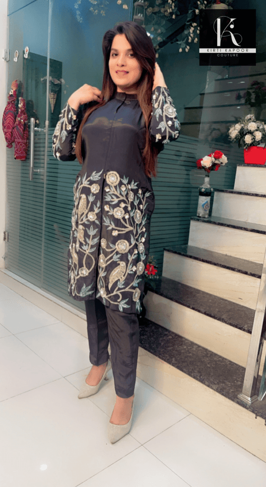 Jet Grey Embroidered Co - Ord Set - Kirti Kapoor Couture