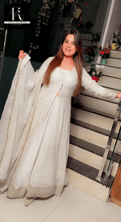 Lakhnavi White Anarkali (Designer 4 piece set) - Kirti Kapoor Couture