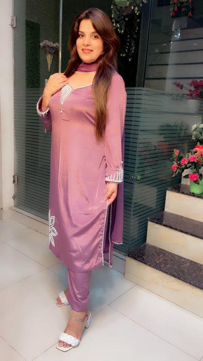 Lavender Pearl - Worked Hand - Worked Suit with Cutwork, Scalping and Dupatta - Kirti Kapoor Couture