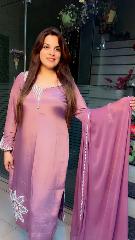 Lavender Pearl - Worked Hand - Worked Suit with Cutwork, Scalping and Dupatta - Kirti Kapoor Couture