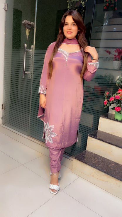 Lavender Pearl - Worked Hand - Worked Suit with Cutwork, Scalping and Dupatta - Kirti Kapoor Couture
