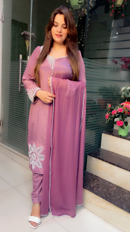 Lavender Pearl - Worked Hand - Worked Suit with Cutwork, Scalping and Dupatta - Kirti Kapoor Couture