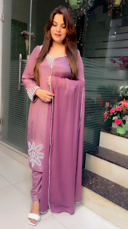 Lavender Pearl - Worked Hand - Worked Suit with Cutwork, Scalping and Dupatta - Kirti Kapoor Couture