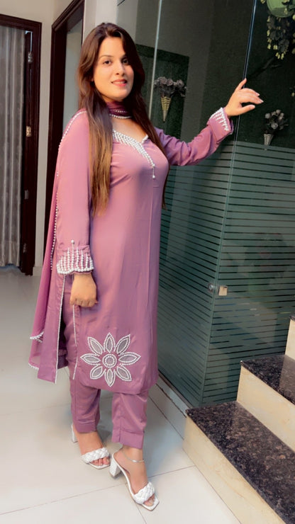 Lavender Pearl - Worked Hand - Worked Suit with Cutwork, Scalping and Dupatta - Kirti Kapoor Couture