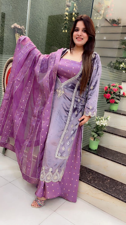 Lavender Silk Velvet with Shimmer Silk Plazo Suit - Kirti Kapoor Couture