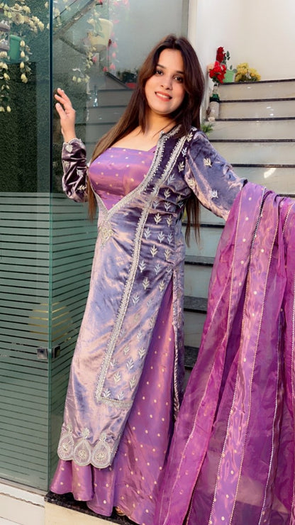 Lavender Silk Velvet with Shimmer Silk Plazo Suit - Kirti Kapoor Couture