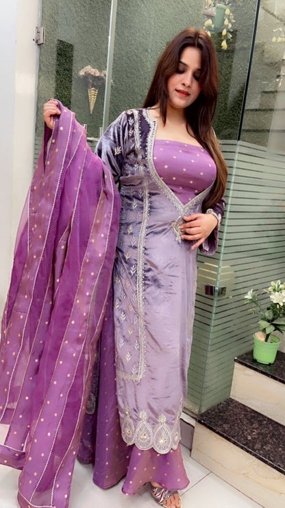 Lavender Silk Velvet with Shimmer Silk Plazo Suit - Kirti Kapoor Couture