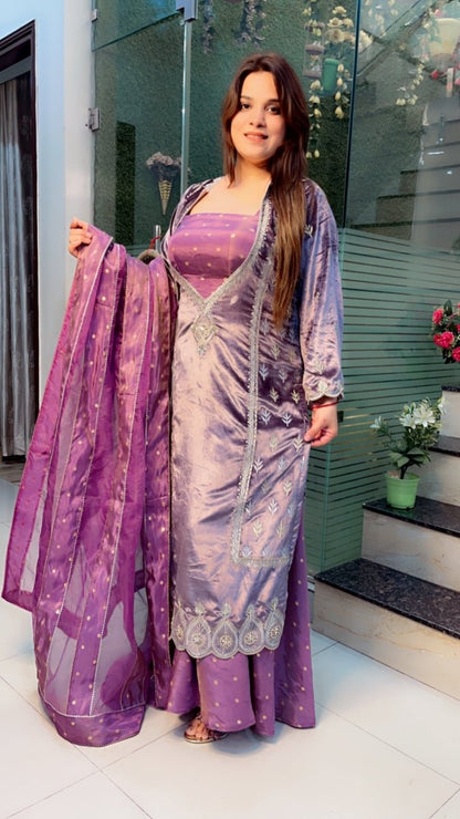 Lavender Silk Velvet with Shimmer Silk Plazo Suit - Kirti Kapoor Couture