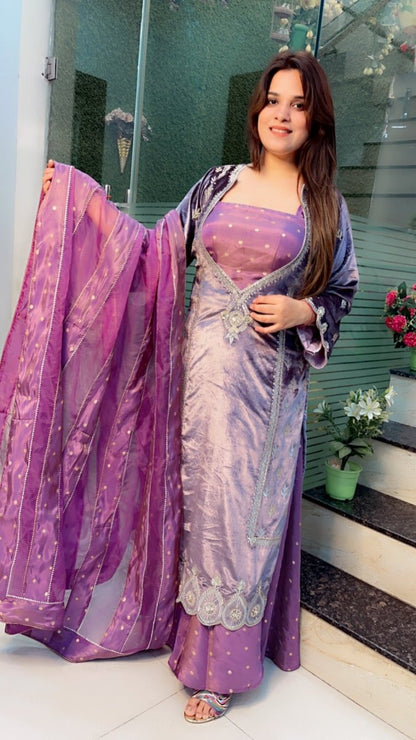 Lavender Silk Velvet with Shimmer Silk Plazo Suit - Kirti Kapoor Couture