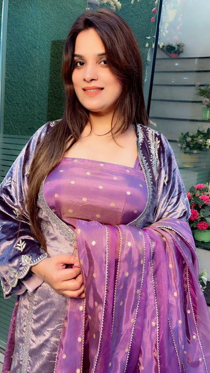 Lavender Silk Velvet with Shimmer Silk Plazo Suit - Kirti Kapoor Couture