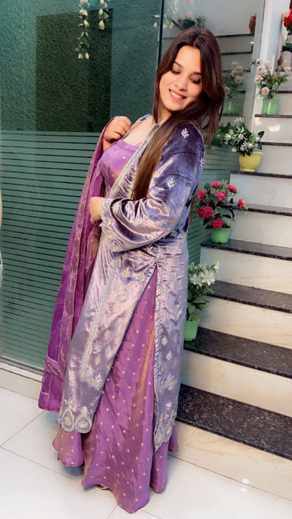 Lavender Silk Velvet with Shimmer Silk Plazo Suit - Kirti Kapoor Couture