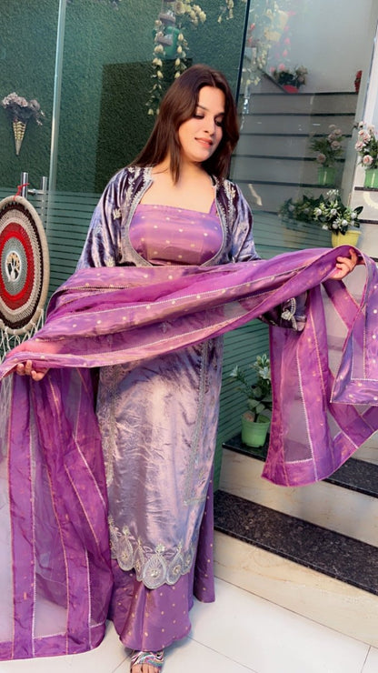 Lavender Silk Velvet with Shimmer Silk Plazo Suit - Kirti Kapoor Couture