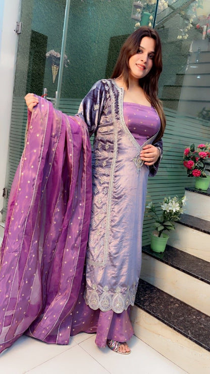 Lavender Silk Velvet with Shimmer Silk Plazo Suit - Kirti Kapoor Couture