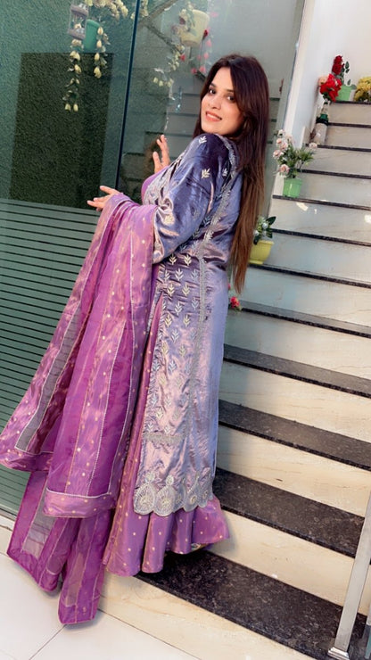 Lavender Silk Velvet with Shimmer Silk Plazo Suit - Kirti Kapoor Couture