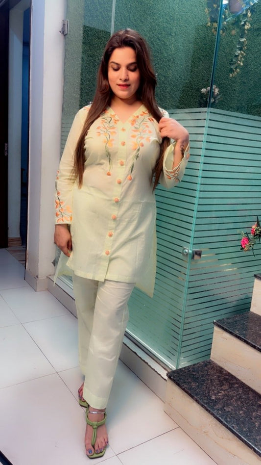 Lemon Coloured Embroidered Co - ord Set - Kirti Kapoor Couture