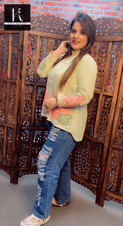 Lemon Coloured Hand - Embroidered Shirt - Kirti Kapoor Couture