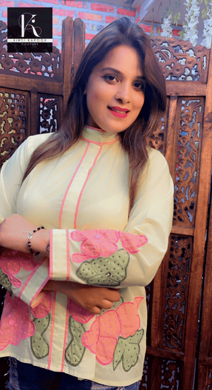 Lemon Coloured Hand - Embroidered Shirt - Kirti Kapoor Couture