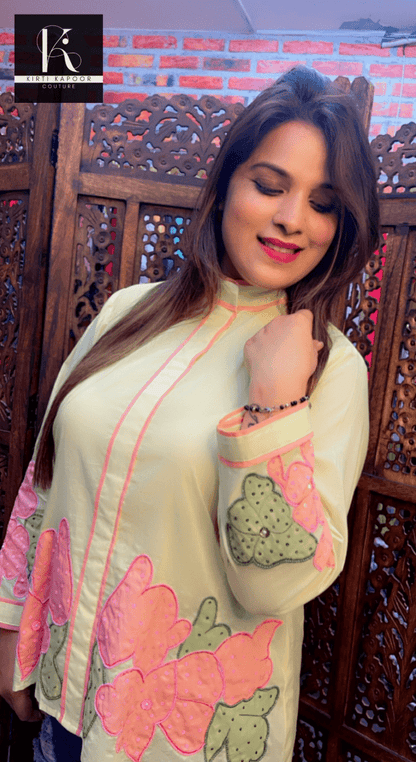 Lemon Coloured Hand - Embroidered Shirt - Kirti Kapoor Couture