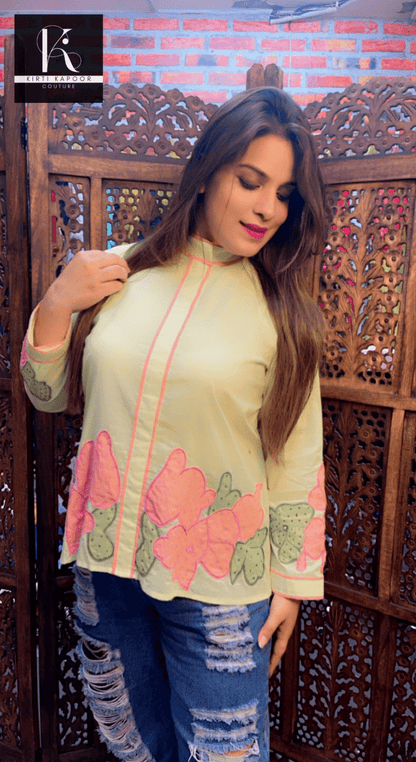 Lemon Coloured Hand - Embroidered Shirt - Kirti Kapoor Couture