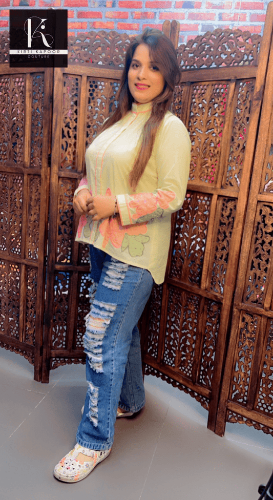 Lemon Coloured Hand - Embroidered Shirt - Kirti Kapoor Couture