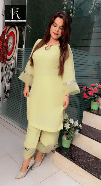 Lemon Semi - Formal Set with Mirror - Work and Organza Highlights - Kirti Kapoor Couture