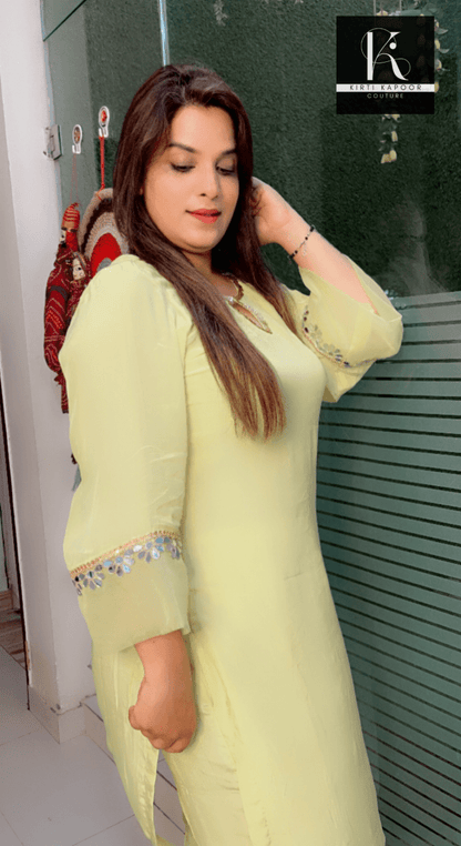Lemon Semi - Formal Set with Mirror - Work and Organza Highlights - Kirti Kapoor Couture